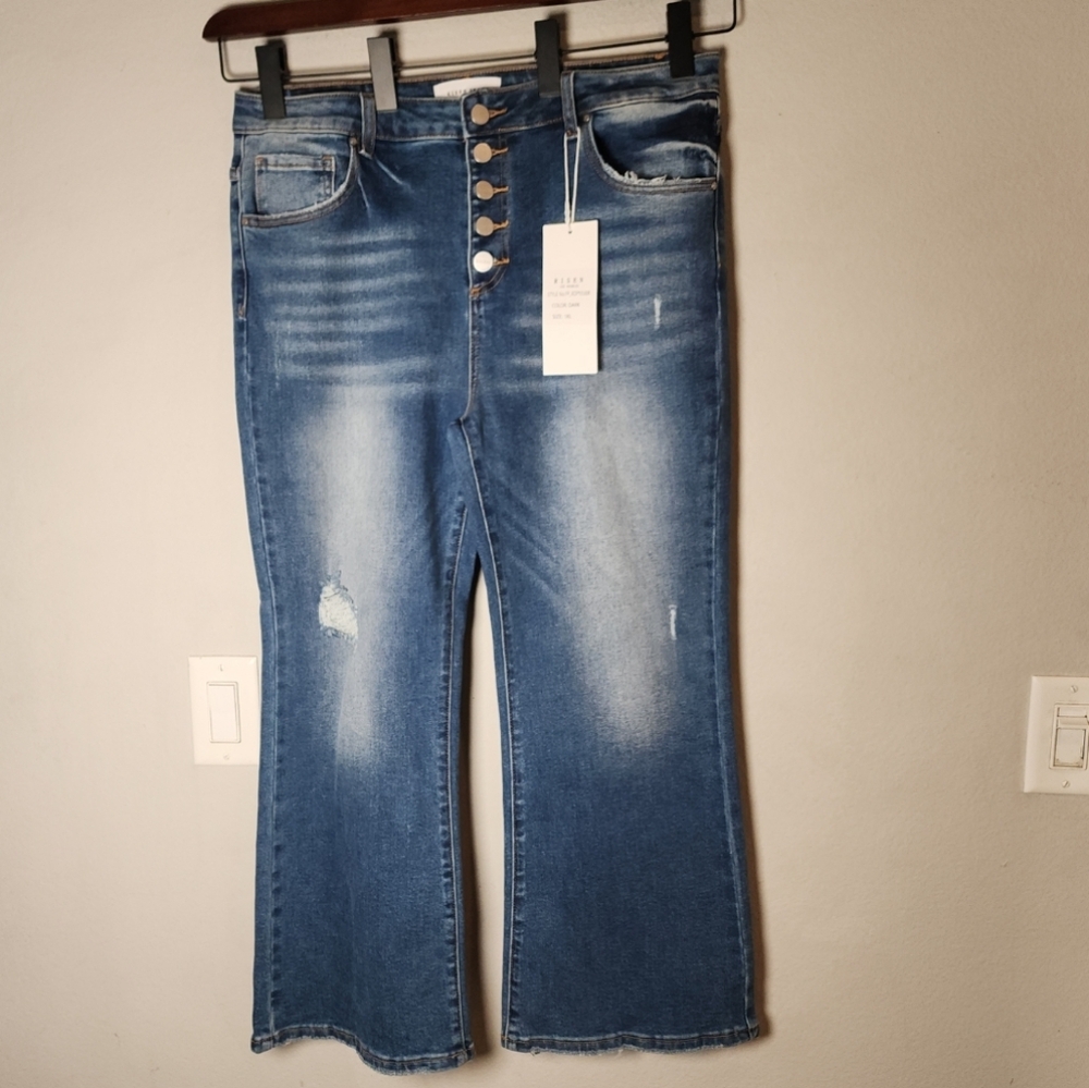 Size 1X NWT Risen Jeans Crop Flare Button Fly Jeans Stretch Denim Distressed
